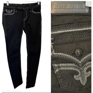 Rock Revival Black Anais Skinny Jeans Silver Fleur Flat Pocket Size 28